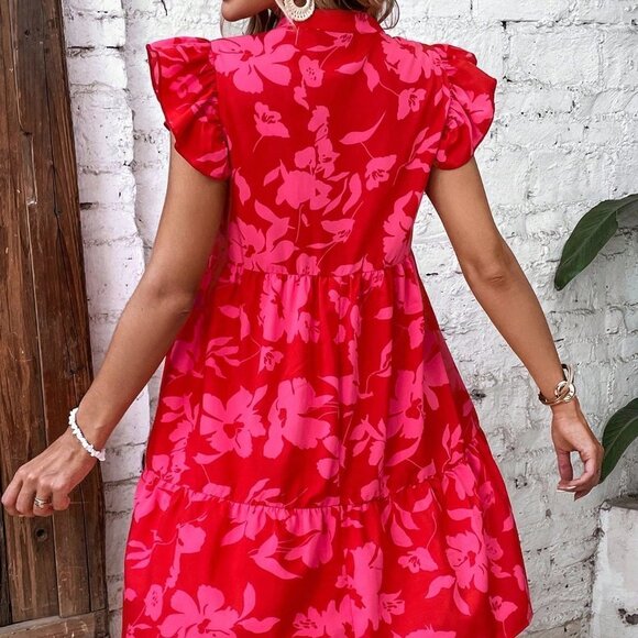 Red Boho Womens Floral Print Butterfly Sleeve Ruffle Hem Smock Dress - Picture 2 of 5